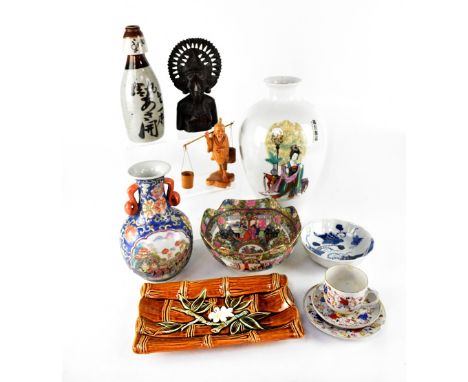 Various items of modern Chinese and Japanese pottery and porcelain to include a large white baluster vase with figures and tr