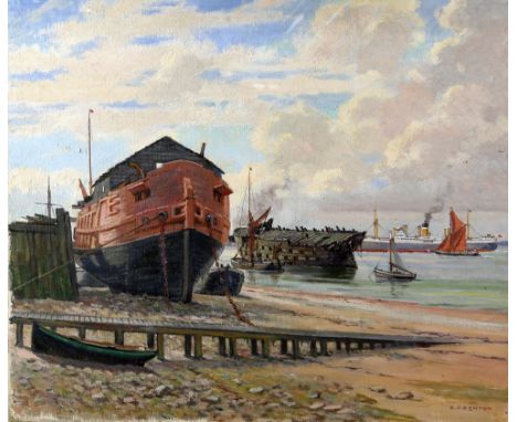 R. H. Penton (British, 1882-1960), 'The Old Powder Hulk and HMS Cornwall', signed, oil on canvas, The Society of Marine Artis