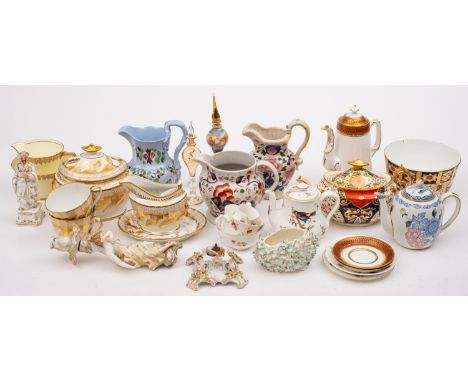 A mixed group of English ceramics, including a Chamberlain sucrier, cover and stand, milk jug, [damaged] and two cups, togeth