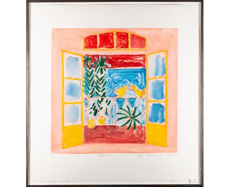 *John D. Edmonds (British, Contemporary) -
Abstracts composition with birds in the window -
Colour etching -
60 x 60cm -
Numb