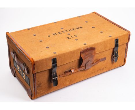 An early 20th century leather and canvas trunk, maker A E Rickards, Bath, 30 x42 x 76cm