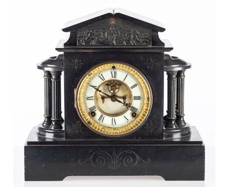 Ansonia, USA a late-Victorian black slate mantel clock the eight-day duration movement striking on a gong with the ivorine ch