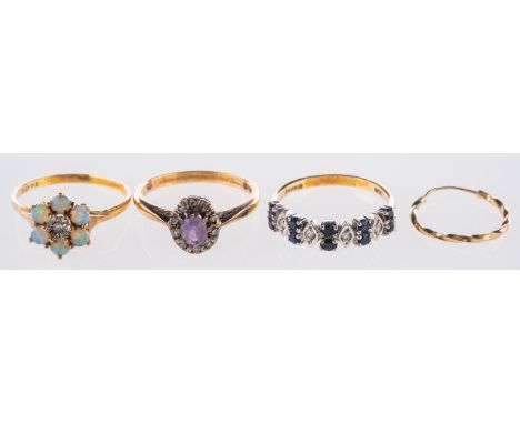 A mixed group of jewellery, to include a 9ct flowerhead ring set with opal cabochons and a single-cut diamond, UK hallmark, s