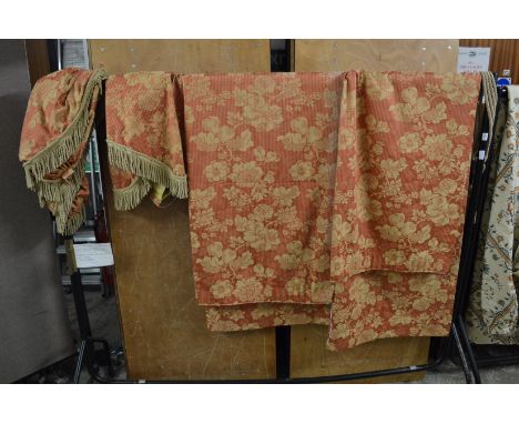 A good pair of burnt orange floral designed line curtains, 205cm wide x 215cm drop together with five window swags, two end s