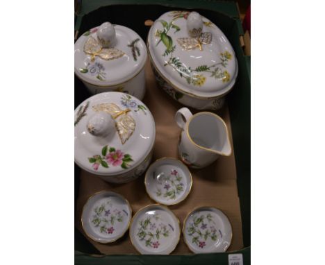 Spode Stafford Flowers casserole dish with pair of matching storage jars, four ramekins and a Worcester Evesham jug.