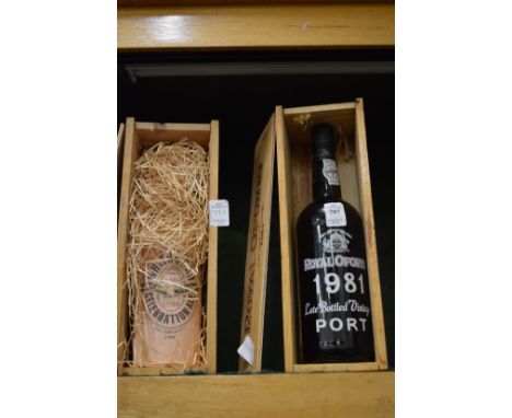 A bottle of Royal Oporto late bottled vintage port 1981, boxed and a boxed bottle of Whitbread 250 years celebration ale.