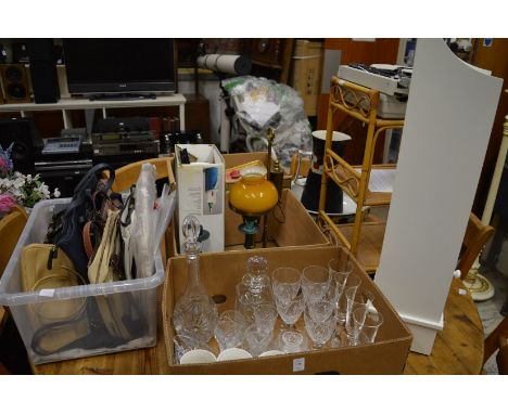 Household miscellaneous to include glassware, lamp, handbags, typewriter etc.