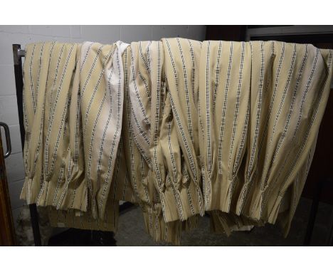 Three pairs of interlined curtains, beige ground with a striped design, 98cm wide x 184cm drop.