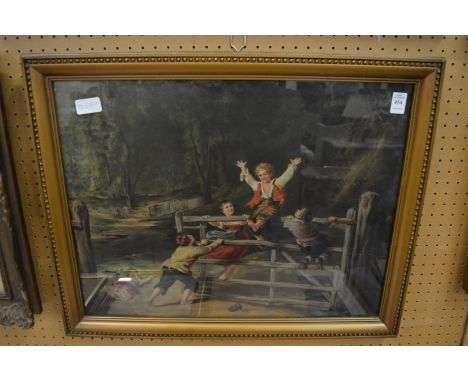 A Pears print depicting children playing on a five bar gate.