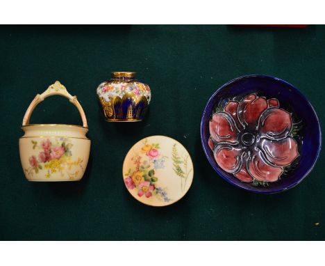 A small Moorcroft bowl, Royal Worcester blush ivory box and cover, similar basket and a Crown Staffordshire floral decorated 