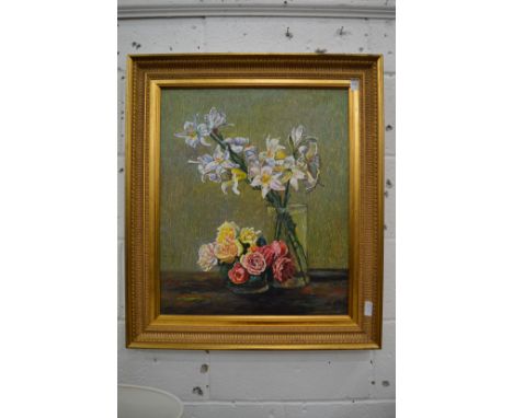 Still life of flowers in a bowl and a vase, oil on canvas in a decorative gilt frame.