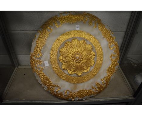 A large gilt decorated alabaster ceiling light shade (restored).