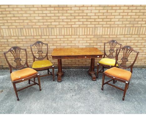 A console or side table on octagonal section supports, approximately 73 cm x 122 cm x 70 cm and six upholstered chairs includ