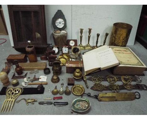 Antique Collector = Wall clock, 2 x Barometer, 3 x small clocks (Coral), 4 x candle holders, metal bin, Family Bible John Bro