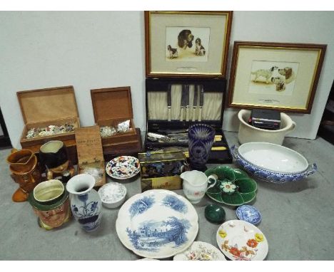 Collectors Items - Wooden boxes, Sylvac jugs, Spode, Haddon hall, quantity of buttons, Polaroid camera, flatware, glass vase 