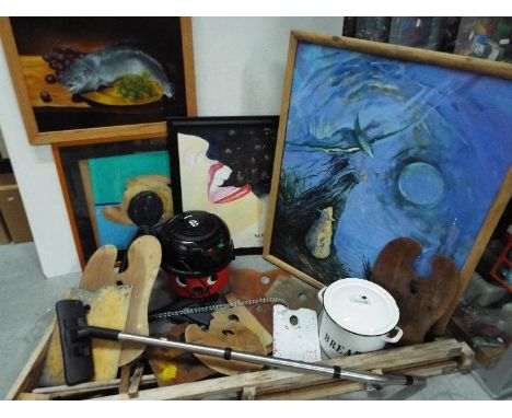 Original Paintings x 4. Artist are R.D Taylor, Wendy Hewitt and one unknown. Artist palettes x 10, Large Easel, also small on