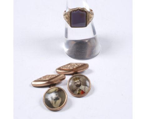 A 9ct gold seal ring with engraved shoulders together with cufflinks