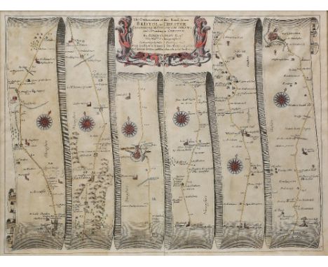 John Ogilby (1600-1676) Road map from Salisbury to Camden and the road map Bristol to Chester, double page hand coloured engr