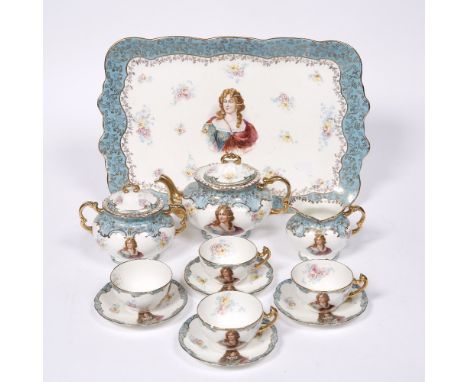 A Continental tete-a-tete circa 1900, transfer decorated, including an oval teapot, two cups and saucers, a sugar basin and a