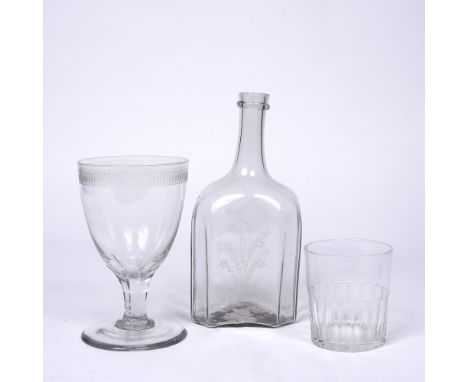 A Regency etched glass goblet 19cm, a glass tumbler and a smokey glass Continental decanter (3)