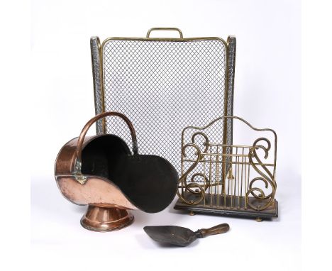 A Victorian folding fireguard a brass lyre music stand and a copper coal scuttle with shovel (3)