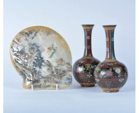 A pair of Chinese cloisonne vases 17.5cm and a Chinese painted mother of pearl shell (3)