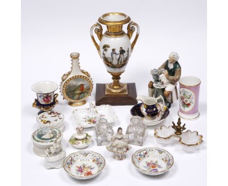 A group of Victorian porcelain and pottery including a Worcester style bottle vase painted with a robin