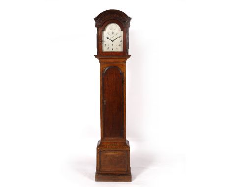 An oak small longcase clock with arched silvered dial marked John Moore & Sons of London with subsidiary dial, 194.5cm high