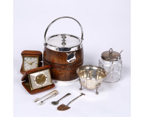 A small collection of miscellaneous  including an oak biscuit barrel with silver plated mounts, two travelling watches, a gla