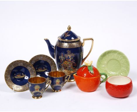 A Carltonware blue coffee pot  a pair of matching coffee cups and saucers, a Carltonware marmalade jar and a jug
