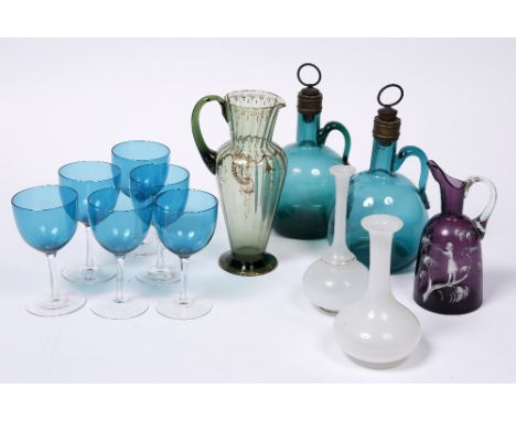 Two similar 19th Century green decanters six green wine glasses, two opaline glass vases and two coloured glass jugs