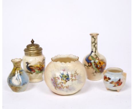 A Worcester Locke & Co painted small vase 6cm high, three other small vases and a pepper pot painted with a peacock (50