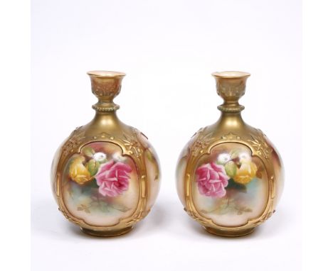 A pair of Royal Worcester panel vases with trumpet shape spouts, painted roses in Harley style, date code for 1911, 16cm