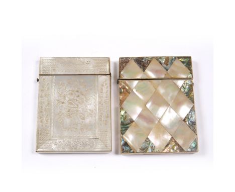 A Victorian mother of pearl visiting card case engraved decoration and one other mother of pearl and abolone shell card case 