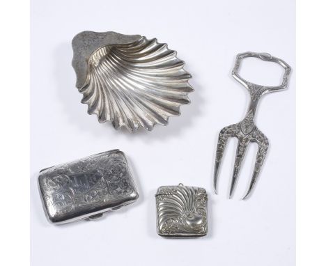 A silver ashtray of scalloped shaped form, 80 grams, together with a silver cigarette case with engraved decoration, a plated