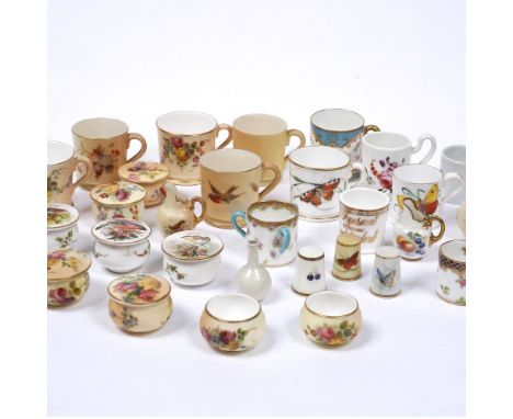 A collection of Royal Worcester blush ivory miniature tankards and other tankards, pin jars and miniature pieces