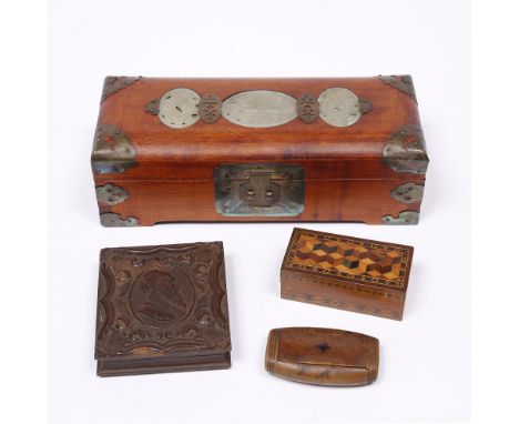 A Chinese rectangular jewellery box with green hardstone inset mounts, 26cm, a Tunbridge ware snuff box and a Bakelite photog