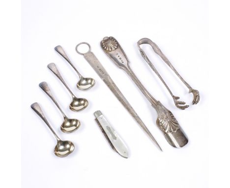 A small collection of miscellaneous silver including a meat skewer, a mother of pearl penknife, a silver plated cheese scoop,