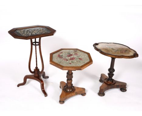 A Victorian mahogany occasional table with embroidered inset panel, 47cm across and two other rosewood occasional tables each