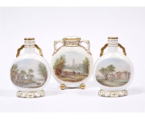 A garniture of three Royal Worcester moon flasks circa 1870-80, each with a named painted view, vases 13.5cm, flask 13cm Ex D