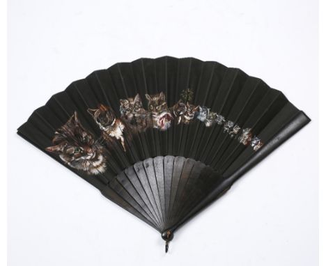 A Victorian ebonised fan  painted with a series of cats in the manner of Louis Wain, 44cm