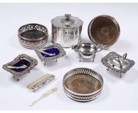 A small collection of various silver plated ware including two silver on copper wine coasters, a plated tea caddy, salts etc