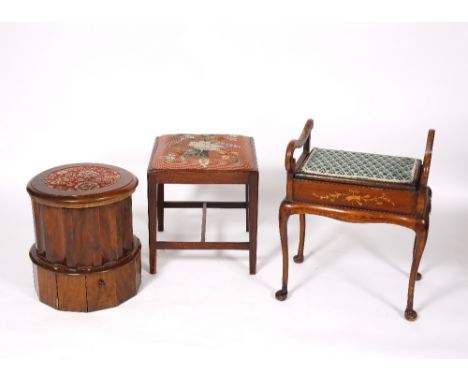 A Victorian walnut cylindrical stool and two other stools, each with a tapestry seat (3)