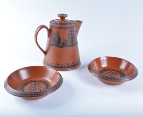 A Royal Worcester Crown ware coffee pot with monochrome design by Scottie Wilson and two bowls