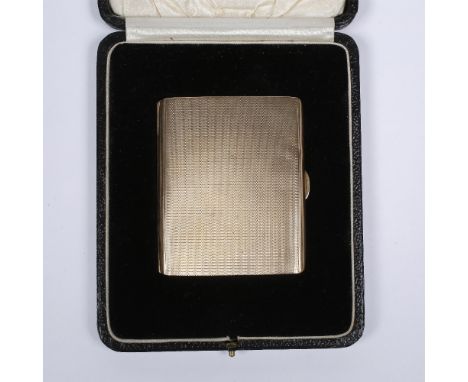 A 9ct gold cigarette case with engine turned decoration, with inside presentation inscription and original presentation box, 
