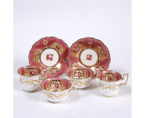 Two English porcelain trios probably Spode, each painted with rose sprays