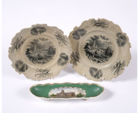 A pair of 19th Century transfer printed plates inscribed Sudeley Castle near Cheltenham and a 19th Century Chamberlain's Worc
