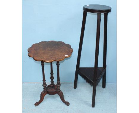 A 19th century walnut occasional table with flower petal top, to tripod base, 76cm high, together with a tall stained jardini