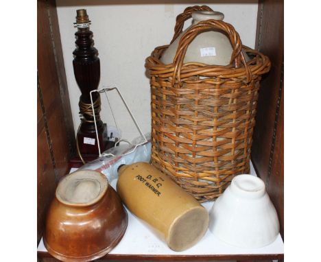 SECTION 23.  A Royal Navy Pusser's Rum wicker bound large stoneware rum flagon, 43cm high, together with a 19th century opaqu