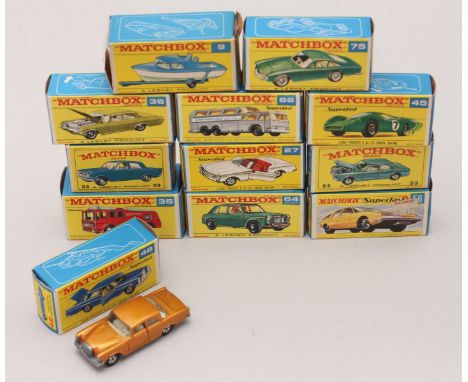 Twelve Matchbox Series and Superfast boxed toy cars including No.9 Boat and Trailer, No.27 Mercedes Benz 230SL, No.33 Ford Ze